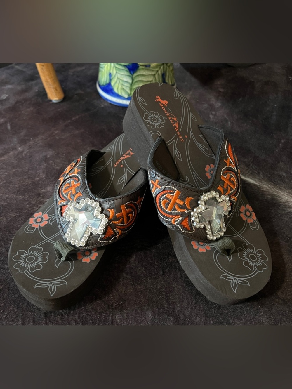 Montana West Embellished Brown & Orange Wedge Flip Flops with Crystal Accent